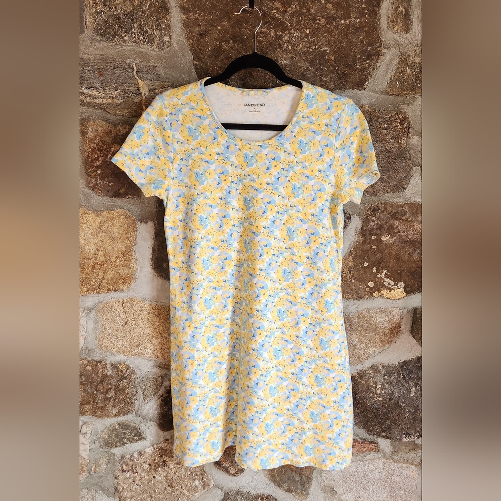 Lands End Women's Basic Classic Tshirt Dress Yellow Floral Design Size M (10-12)